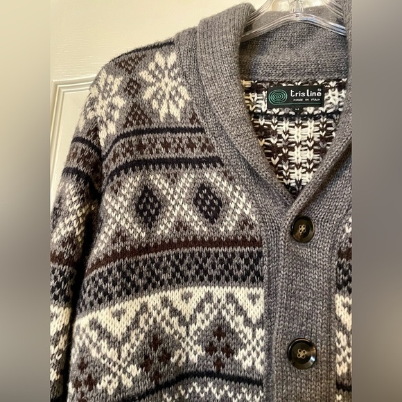 Tris Line Made in Italy Wool Blend Cardigan Sweater Size M Gray Fair Isle Dad - Picture 7 of 10